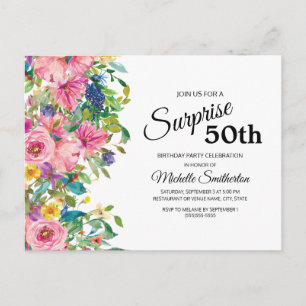 Botanical Pink Blue Watercolor Floral 50th Birthda Postcard