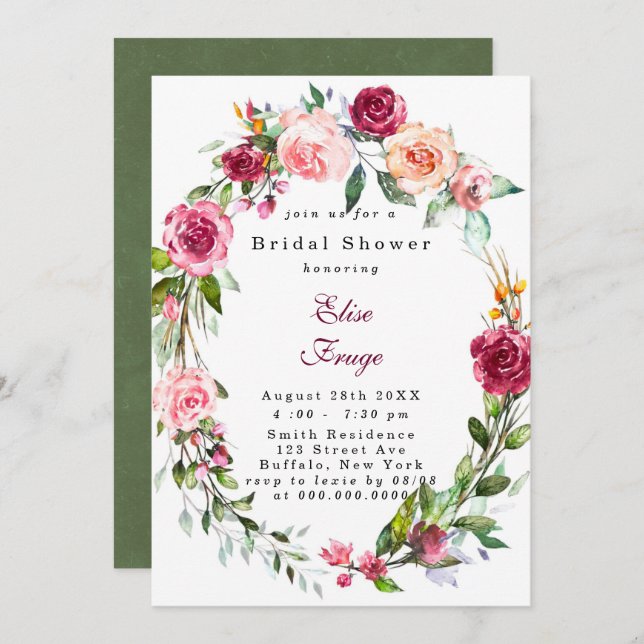 Botanical Pink Burgundy Floral Bridal Shower Invitation (Front/Back)