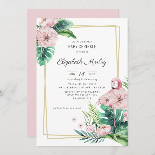 Botanical Pink Flamingo Floral Baby Sprinkle Invitation (Front/Back)