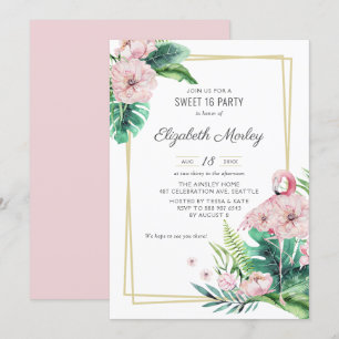 Botanical Pink Flamingo Floral Frame Sweet Sixteen Invitation