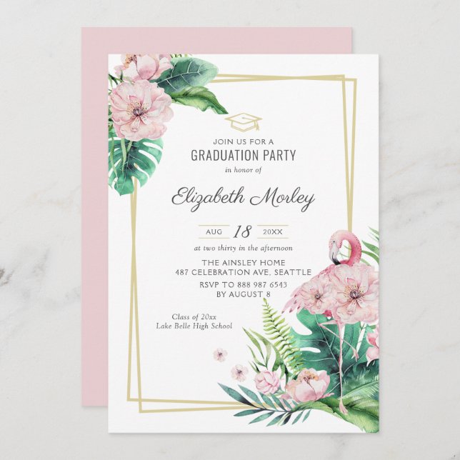 Botanical Pink Flamingo Frame Graduation Party Invitation (Front/Back)