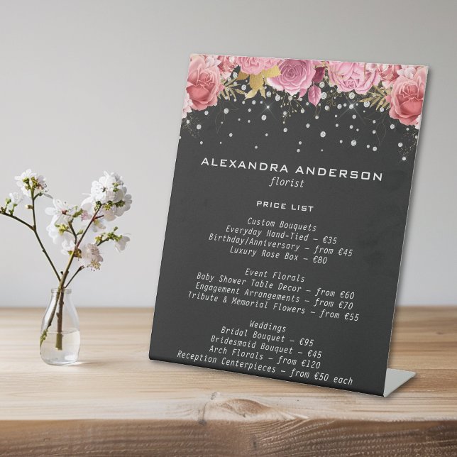 Botanical Pink Flowers Diamond Glitter Black Salon Pedestal Sign (Botanical Pink Flowers Diamond Glitter Black Salon Pedestal Sign)