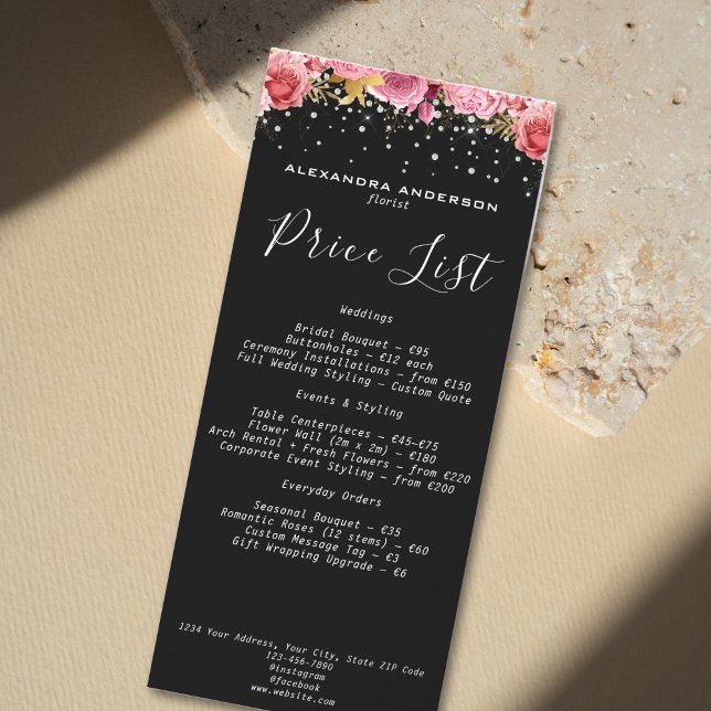 Botanical Pink Flowers Diamond Glitter Black Salon Rack Card (Botanical Pink Flowers Diamond Glitter Black Salon Rack Card)
