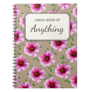 Botanical Pink Flowers on any Colour Personalised Notebook