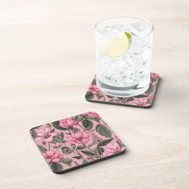 Botanical pink flowers pattern coaster (Right Side)