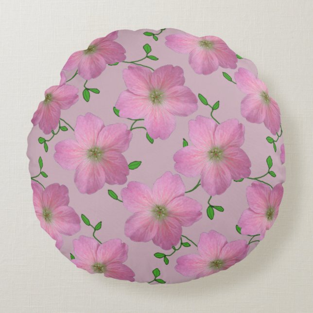 Botanical Pink Geranium Flower on any Colour Round Cushion (Front)