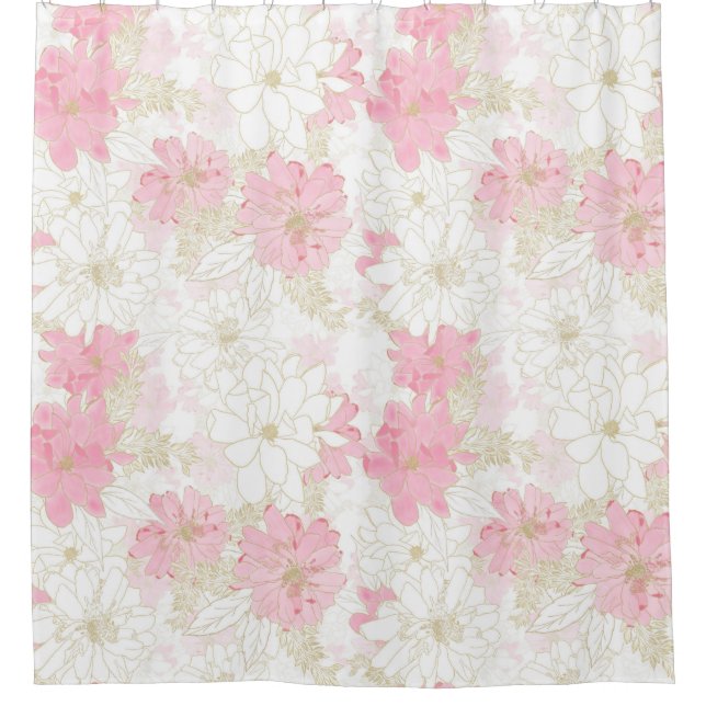 Botanical Pink Gold Flowers Shower Curtain (Front)