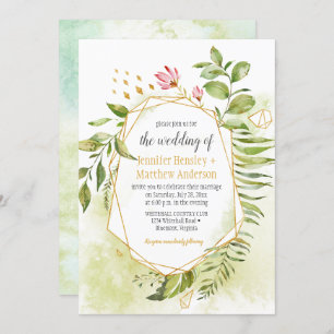 Botanical Pink Green Gold Geometric Frame Wedding Invitation
