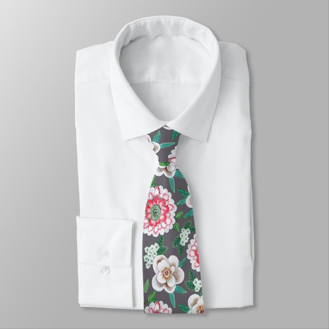 Botanical pink, grey, green Floral Tie (Tied)