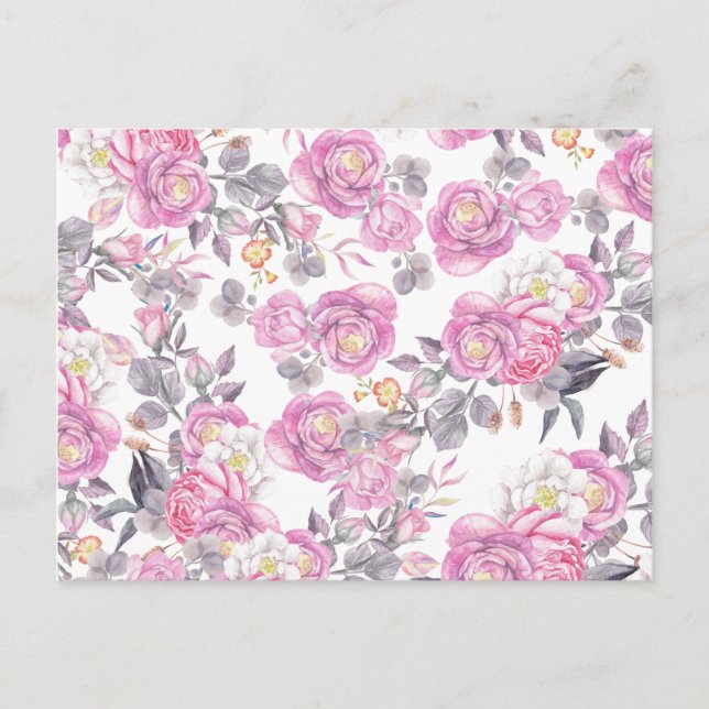 Botanical pink grey watercolor romantic roses postcard (Front)