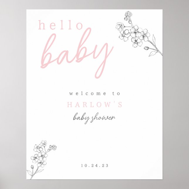 Botanical Pink Hello Baby Baby Shower Welcome Poster (Front)