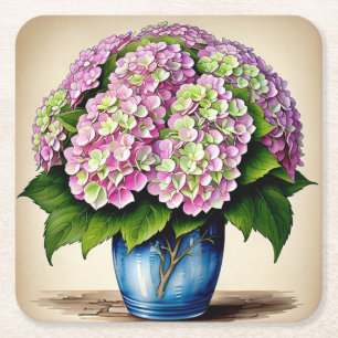 Botanical Pink Hydrangea Flower Paper Coaster