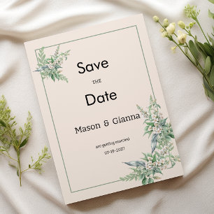 Botanical pink mint ivory floral Save the Date Invitation