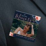 Botanical Pink & Navy Florals Elegant Memorial 15 Cm Square Badge<br><div class="desc">Customise this modern, elegant funeral button with your own photo and text to create a special tribute to your loved one. Perfect for friends and family to wear as in loving memory of a lost loved one. Featuring a pretty navy blue background with blush pink, midnight blue peony flowers with...</div>
