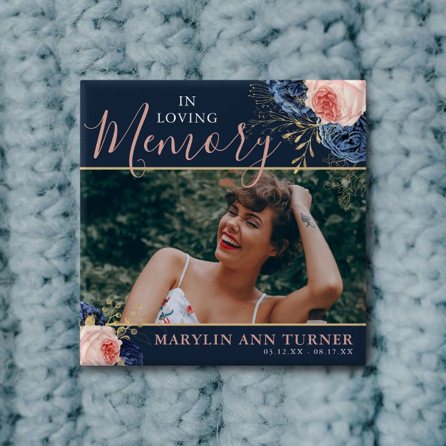 Botanical Pink & Navy Florals Elegant Memorial 15 Cm Square Badge (Creator Uploaded)
