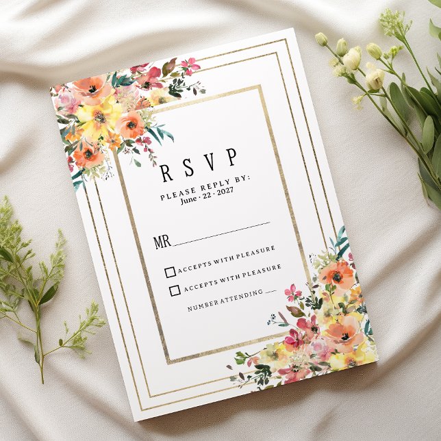 Botanical pink orange gold floral country RSVP Invitation (Botanical pink orange gold floral country RSVP)
