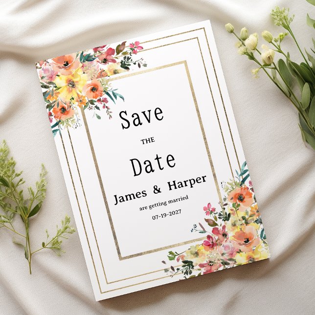 Botanical pink orange gold floral Save the Date Invitation (Botanical pink orange gold floral Save the Date)