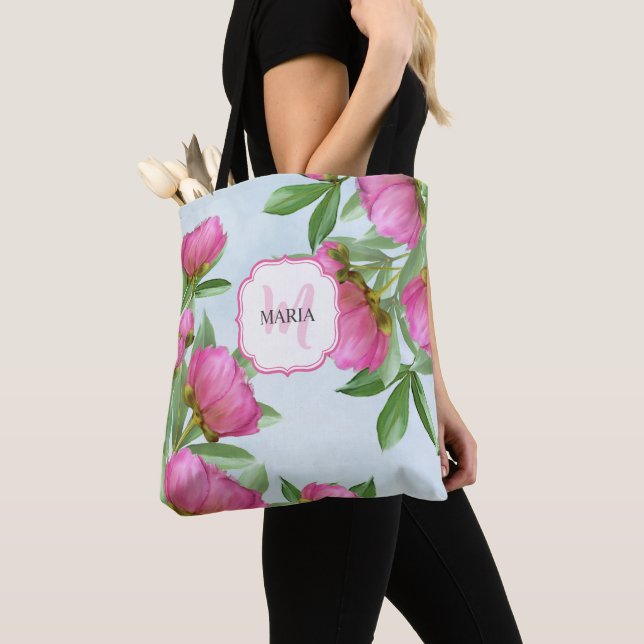 Botanical Pink Peonies Chic Girly Monogram Peonies Tote Bag (Close Up)