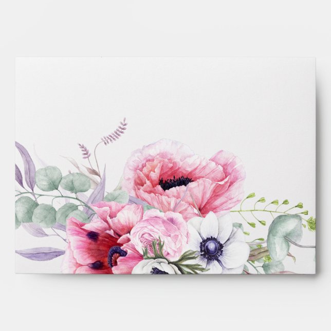 Botanical Pink Poppies and Greenery Envelope (Front)