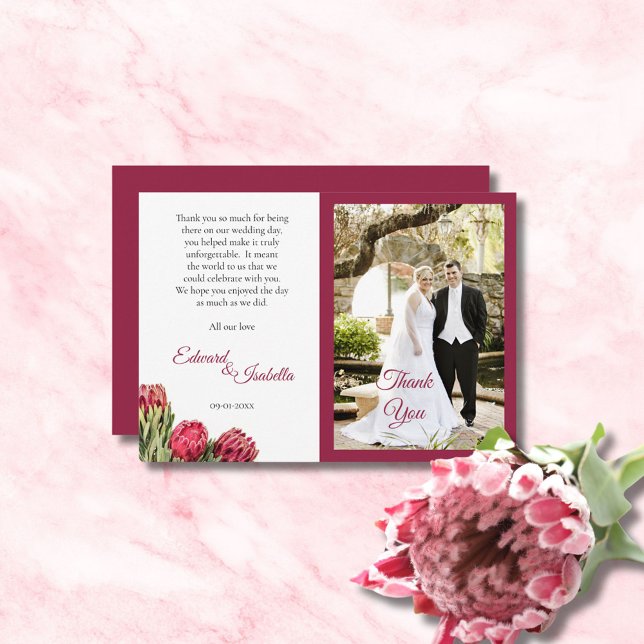 Botanical Pink Protea Floral Burgundy Photo  Thank You Card (Creator Uploaded)