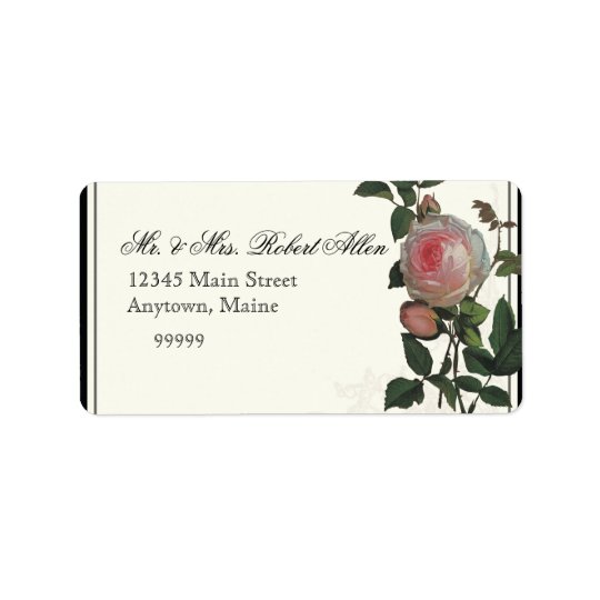Botanical Pink Rose, Black - Return Address Labels