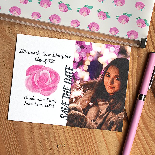 Botanical Pink Rose Graduation Save the Date Advice Card (Pink rose save the date card for graduation party or any other occasion. Big pink rose invitation)