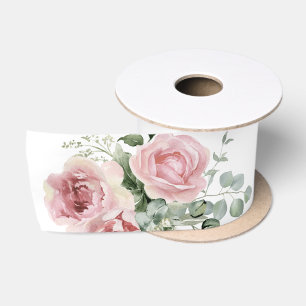 Botanical Pink Rose Greenery Satin Ribbon