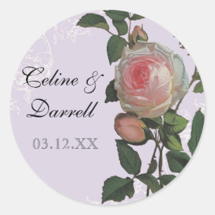 Botanical Pink Rose, Lilac Wedding Sticker or Seal