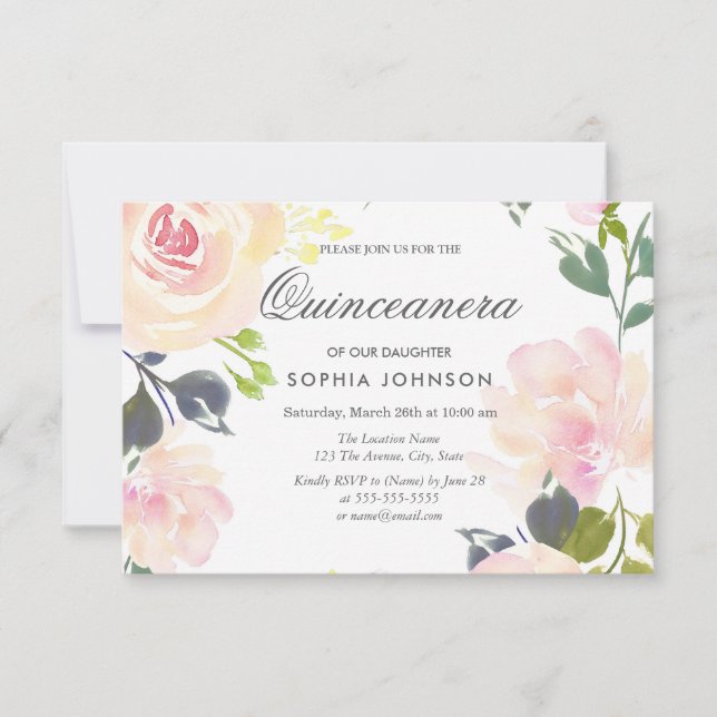Botanical Pink Rose Quinceanera Invitation (Front)
