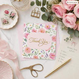 Botanical Pink Roses Gold Script Thank You Card