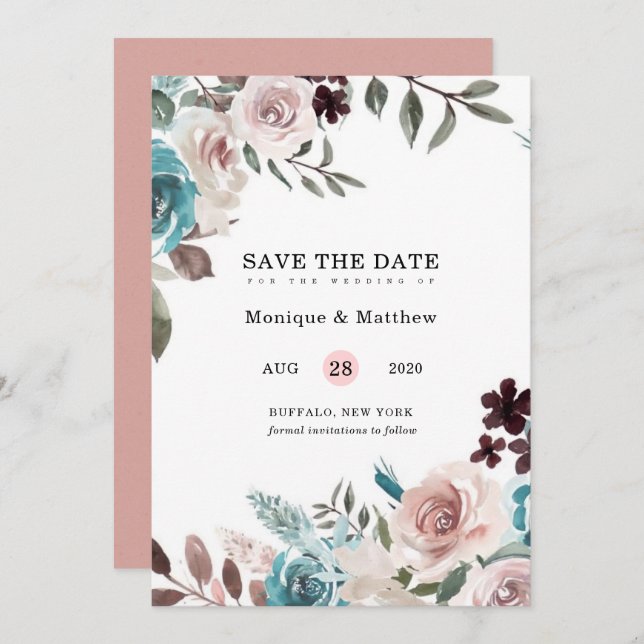 Botanical Pink Teal Plum Peony Save The Date Invit Invitation (Front/Back)