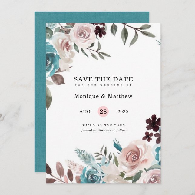 Botanical Pink Teal Plum Peony Save The Date Invitation (Front/Back)