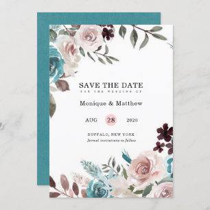 Botanical Pink Teal Plum Peony Save The Date Invitation
