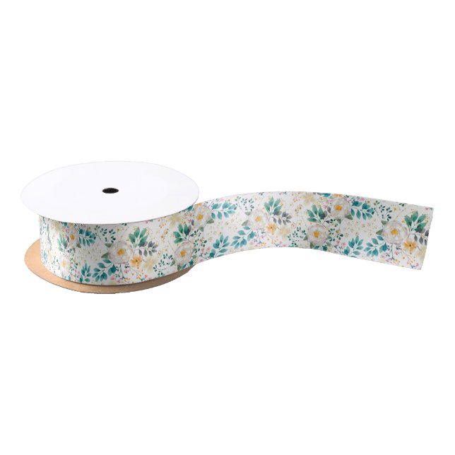 Botanical pink teal white orange floral satin ribbon (Spool)