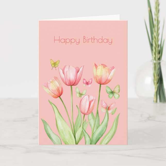 Botanical Pink Tulip Flower Boho Birthday  Card (Front)
