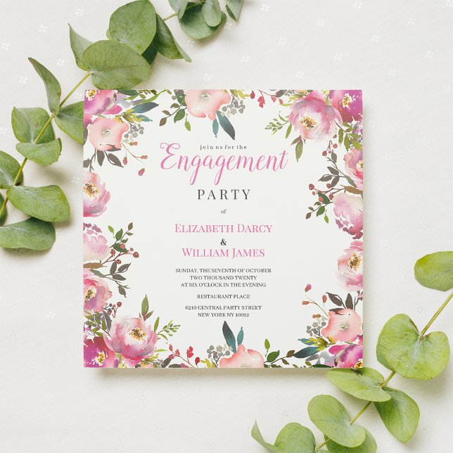 Botanical pink watercolor floral Engagement Party  Invitation (Botanical pink watercolor floral Engagement Party Invitation )