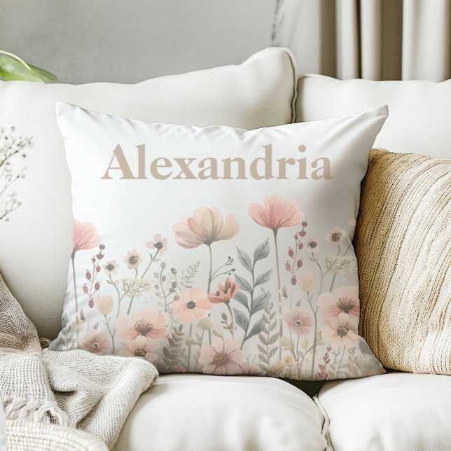 Botanical Pink Watercolor Wildflowers Cushion (pretty watercolor wildflower pillow)