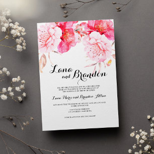 Botanical pink white classic script floral wedding invitation