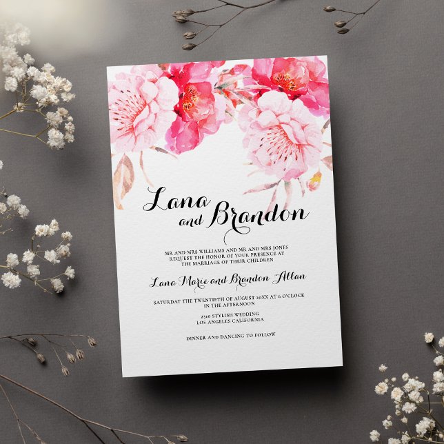 Botanical pink white classic script floral wedding invitation (Botanical pink white classic script floral wedding)