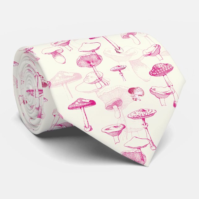 Botanical Pink White Forest Mushroom Pattern Tie (Rolled)