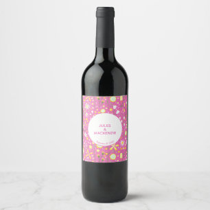 Botanical Pink Wildflower Floral Wedding Wine Label