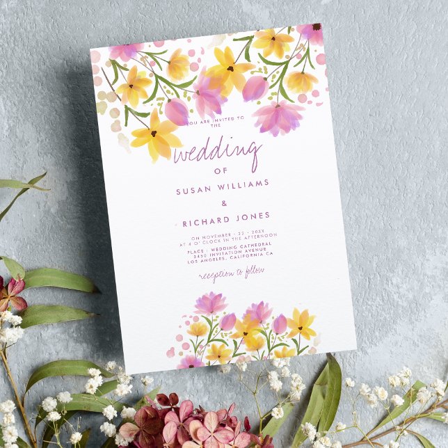 Botanical pink yellow watercolor floral wedding invitation (Botanical pink yellow watercolor floral wedding)