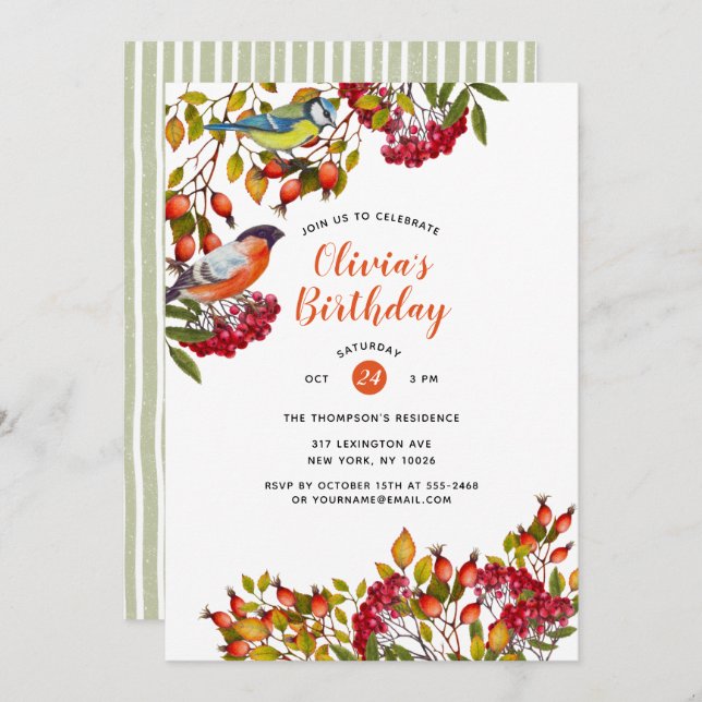 Botanical Plants and Birds Birthday Invitation (Front/Back)