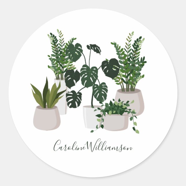 Botanical Plants Green Personalised Script Name  Classic Round Sticker (Front)