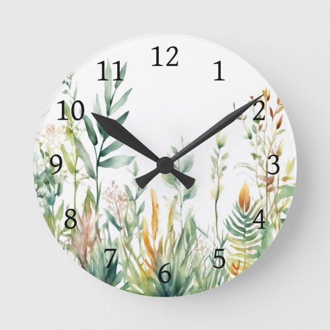 Botanical Plants Green White Design 311 Round Clock (Front)