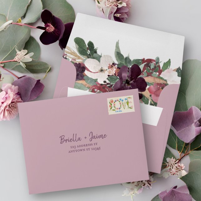 Botanical Plum Lilac Mauve Self Addressed Wedding Envelope (Creator Uploaded)