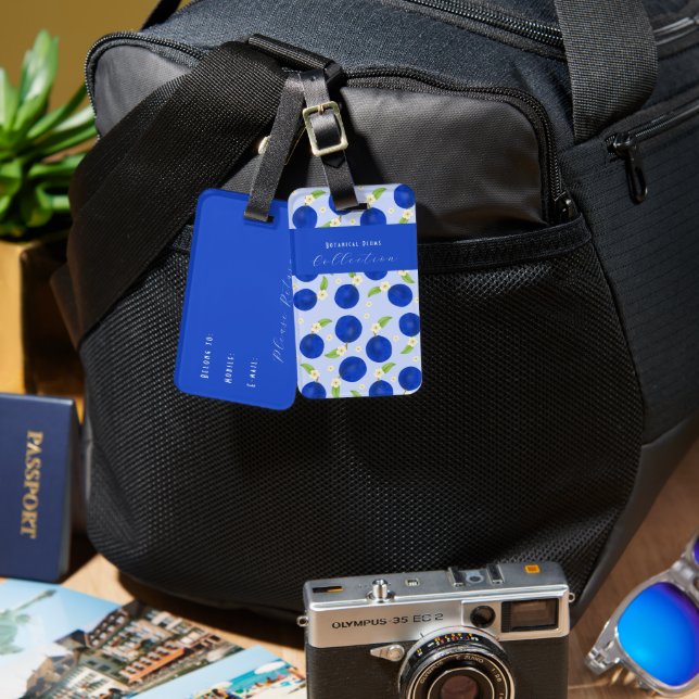 Botanical Plums Collection Blue Luggage Tag (Front & Back)