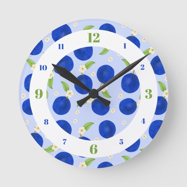 Botanical Plums Collection Blue Round Clock (Front)