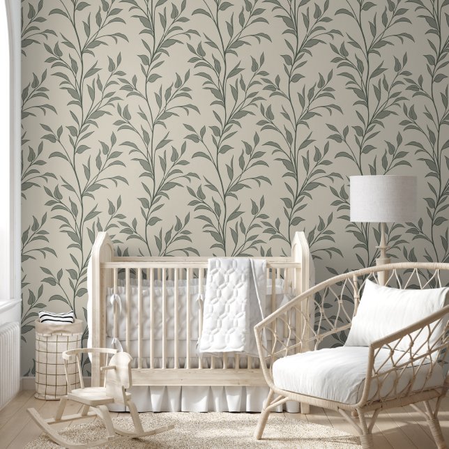 Botanical Poetry of Leaves Earthy Soft Beige Wallpaper (Kids)