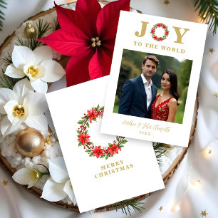 Botanical Ponsettia Christmas Wreath Photo Family  Holiday Card